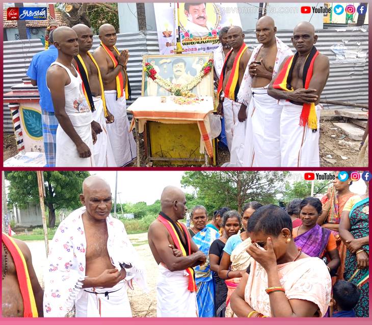 விஜயகாந்த் மறைவையொட்டி  மொட்டை அடித்து கதறி அழுது கண்ணீர் அஞ்சலி செலுத்தினர்!

