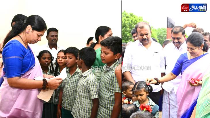 கனிமொழி எம்பியிடம்  மனு அளித்த பள்ளி குழந்தைகள்:பள்ளி மாணவர்களுக்கு தலையில் பூ வைத்து அழகு பார்த்த கனிமொழி எம்பி !



