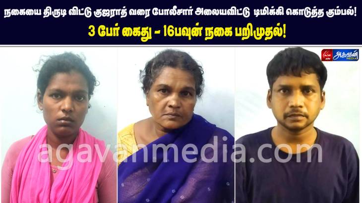 நகையை திருடி விட்டு குஜராத் வரை போலீசார் அலையவிட்டு  டிமிக்கி கொடுத்த  3 பேர் கைது - 16பவுன் நகை பறிமுதல்!