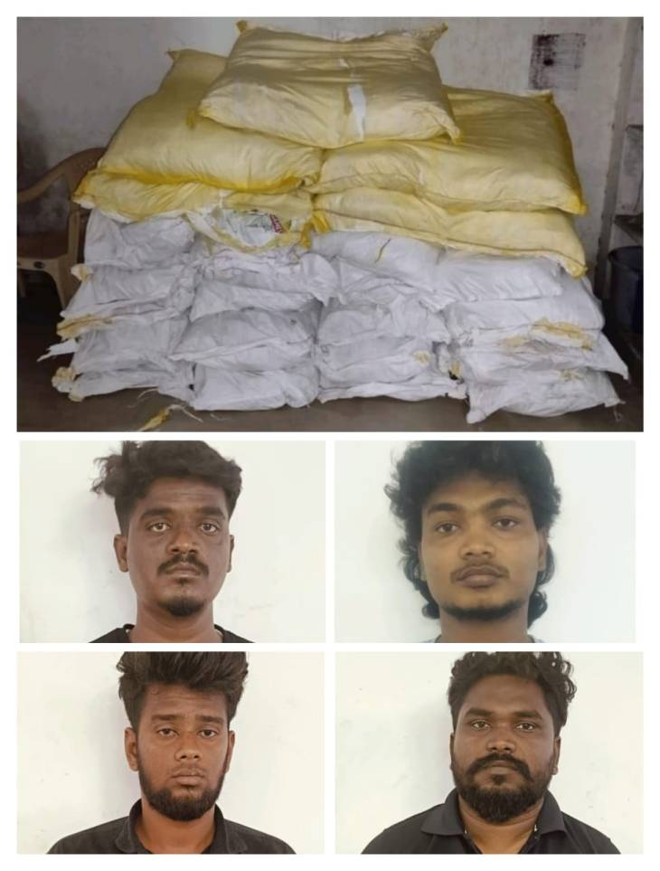 காரில்  ரூ,6 லட்சம் மதிப்பிலான 450 கிலோ புகையிலைப் பொருட்களை கடத்தி வந்த 4 பேர் கைது.